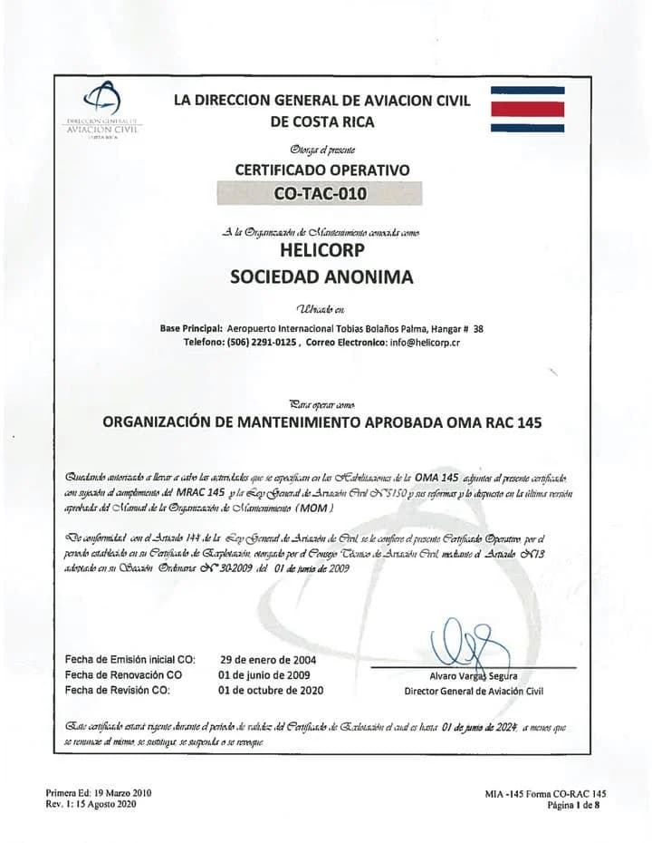 DGAC Costa Rica Operating Certificate